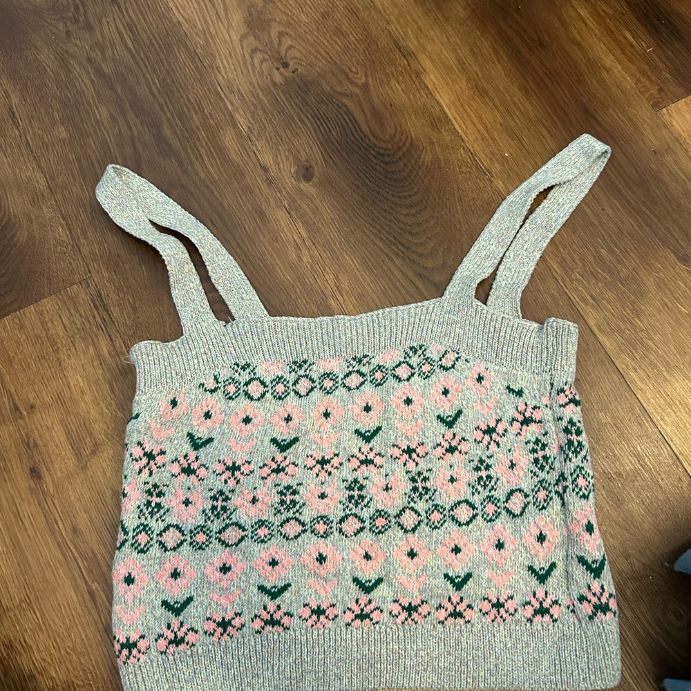 River Island Grey Knit Floral Patterned Camisole with Pink and Green Accents